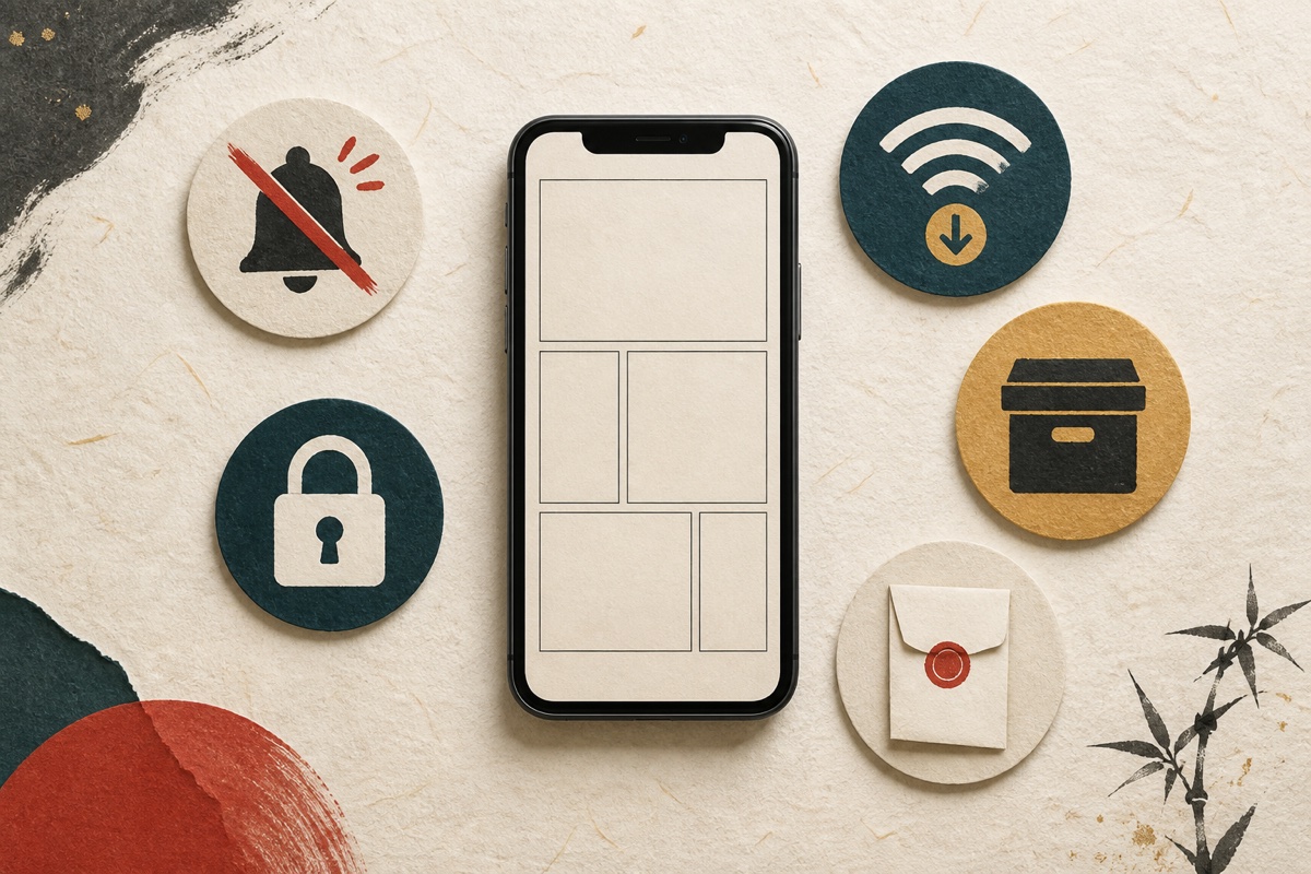 スマートフォンの通知、ロック、通信、保存先、明細を確認する図